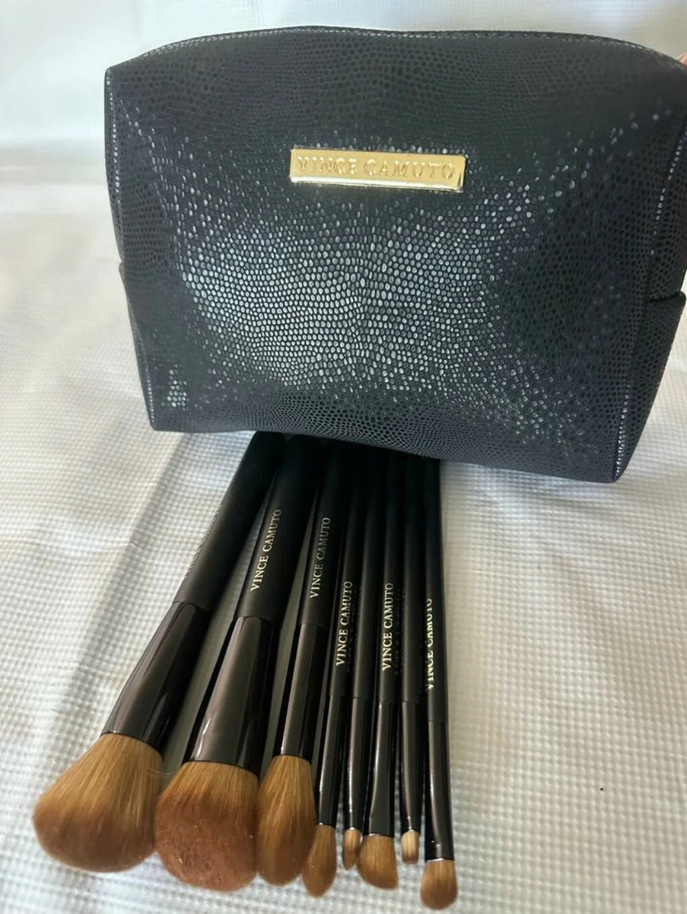 Vince Camuto Makeup Brush Set Featuring a Textured Black Cosmetic Bag